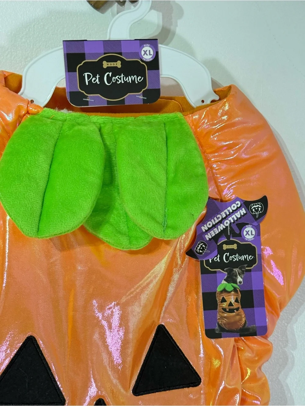 Woof Pet Costume shiny Pumpkin Jack-O'-Lantern Dog Outfit Leaf Collar size XL